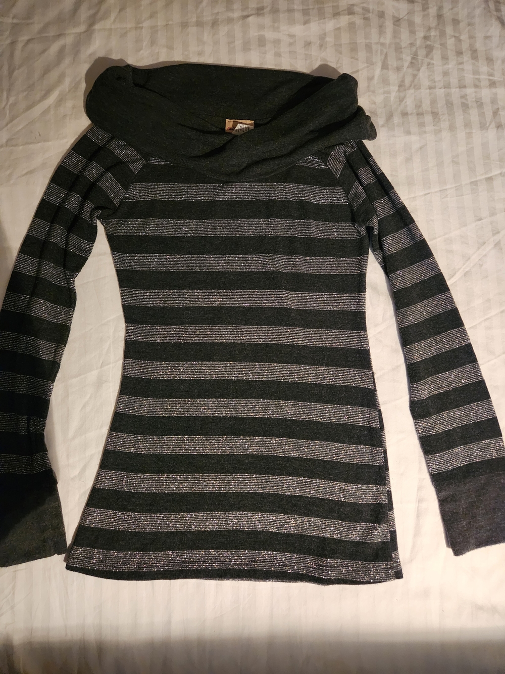 Striped Cowl Neck Sweater - Gray & Silver Metallic